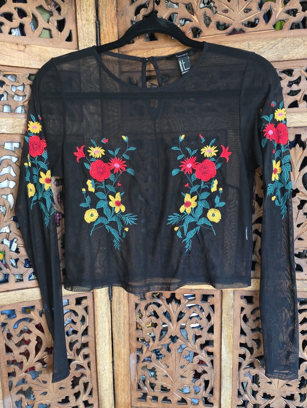 Forever 21 Black Sheer Long-Sleeve Floral Embroidered Top